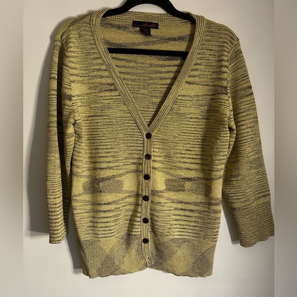 WILLI SMITH RAYON/NYLON/LUREX GOLD METALLIC V-NECK BUTTON WOMEN’S SWEATER XL - Picture 2 of 7